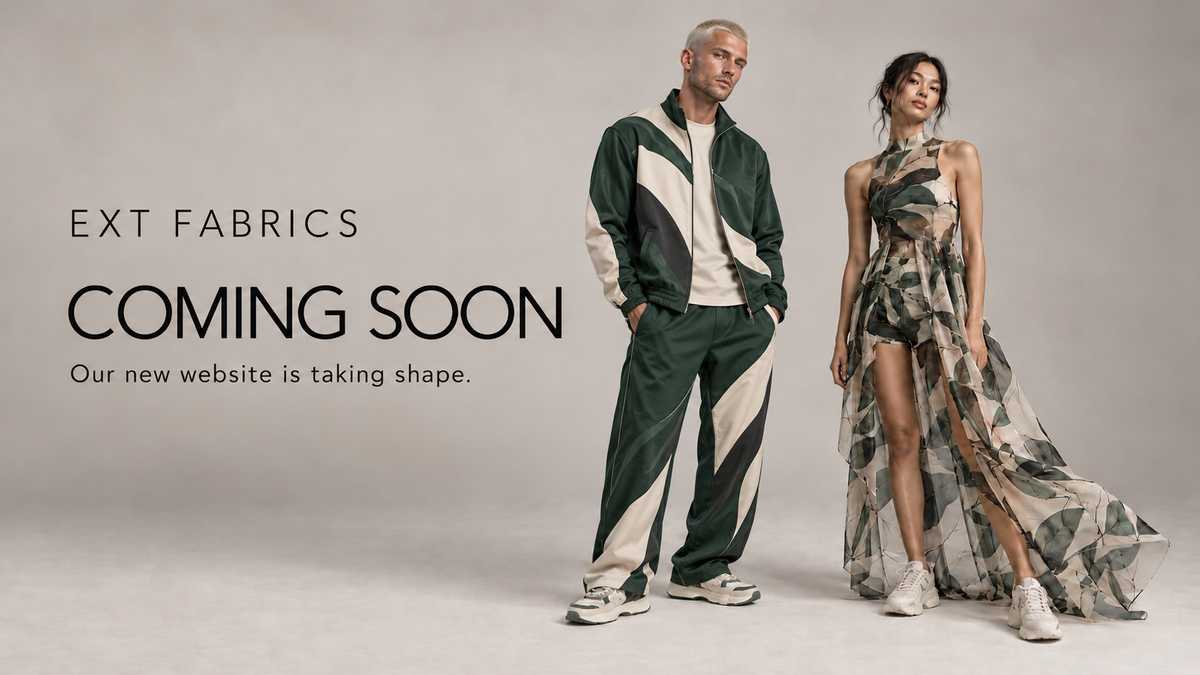 EXT Fabrics coming soon: male model in sublimated green and cream tracksuit alongside a Thai female model in printed sheer fabric.